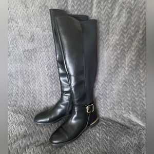 Like New. Over The Knee Low Heeled Black Boots With Gold Accents